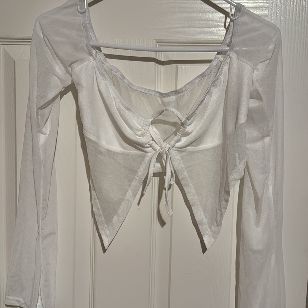 White Tie-Front Long Sleeve Crop Top - Women